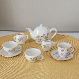 Vintage Miniature Porcelain Tea Set with Pink Rose Pattern